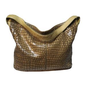 Vintage Donald J Pliner Leather Hobo Shoulder Bag Croc Embossed Tan Retail $275
